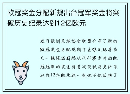 欧冠奖金分配新规出台冠军奖金将突破历史纪录达到12亿欧元