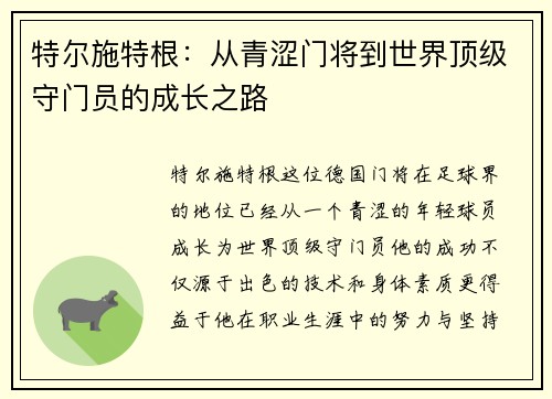 特尔施特根：从青涩门将到世界顶级守门员的成长之路
