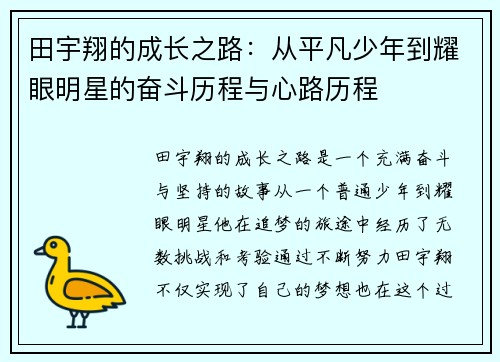田宇翔的成长之路：从平凡少年到耀眼明星的奋斗历程与心路历程